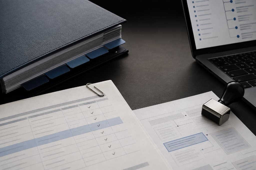 Organized binders, checklists, and a laptop used for document review.
